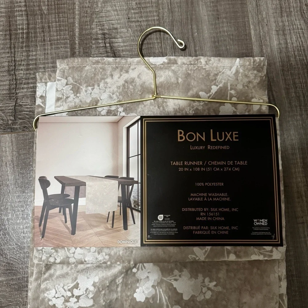 Bon Luxe Dominique Table Runner 20 in. X 108 in. Gray Floral Velvet NWT